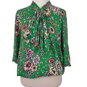 Pinko Green Floral Tie Neck Bodysuit Blouse Bell Sleeve Made Italy Womens S
